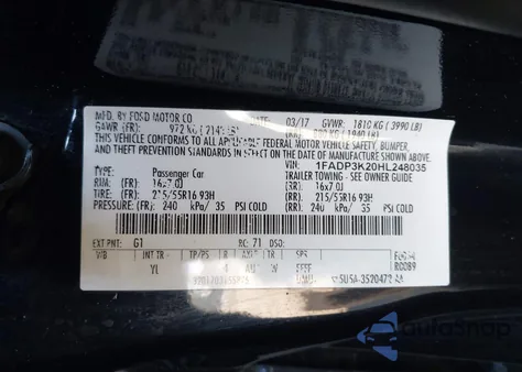 2017 Ford Focus Se z USA, uszkodzony, nr VIN 1FADP3K20HL248035